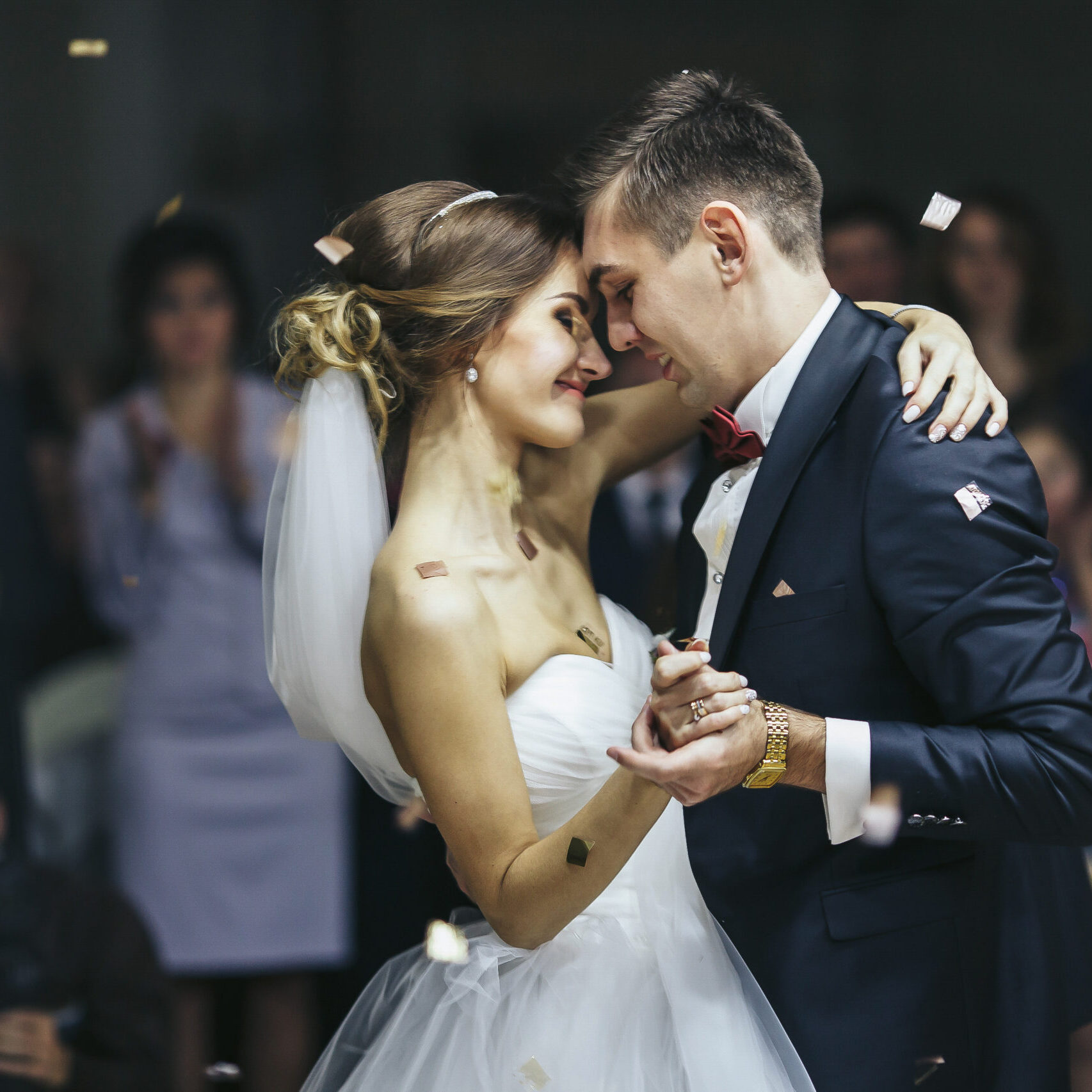 Just married looks romantically while dancing